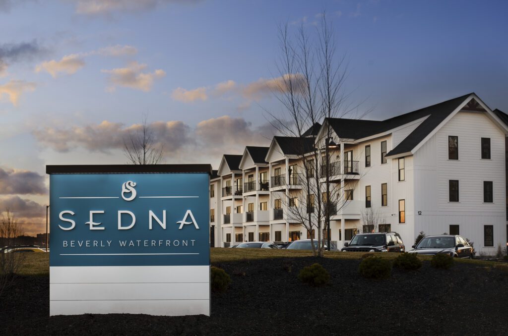 Sedna Beverly apartment community entrance sign in Beverly, Massachusetts.